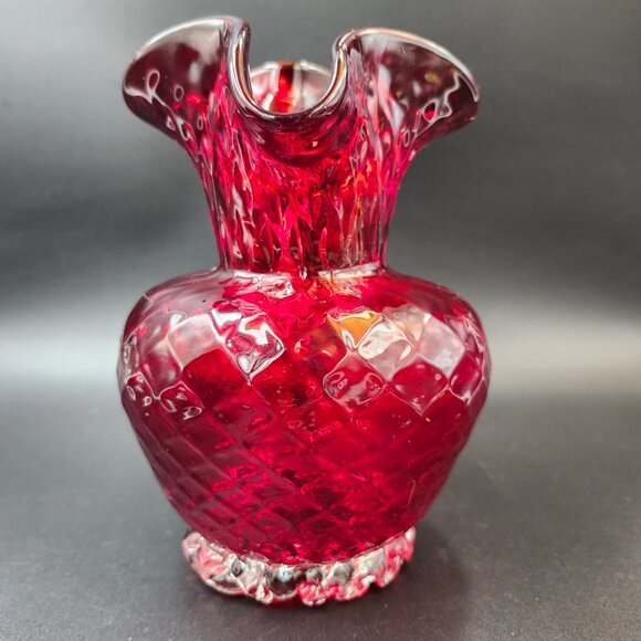 Vintage Art Glass Red Quilted Jug Ewer Applied Handle - Picture 13 of 16